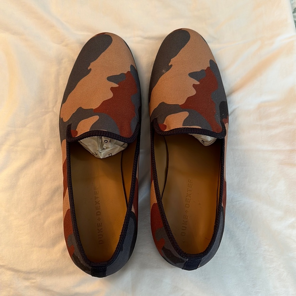 Duke + Dexter men's blue, brown and beige camo print stealth loafers.